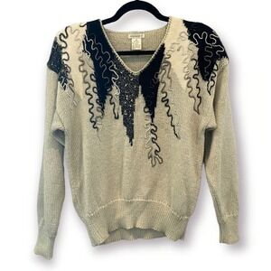 Vintage 90s Susann‎ D Sweater Women's Small Metallic Gray Embroidered V-Neck